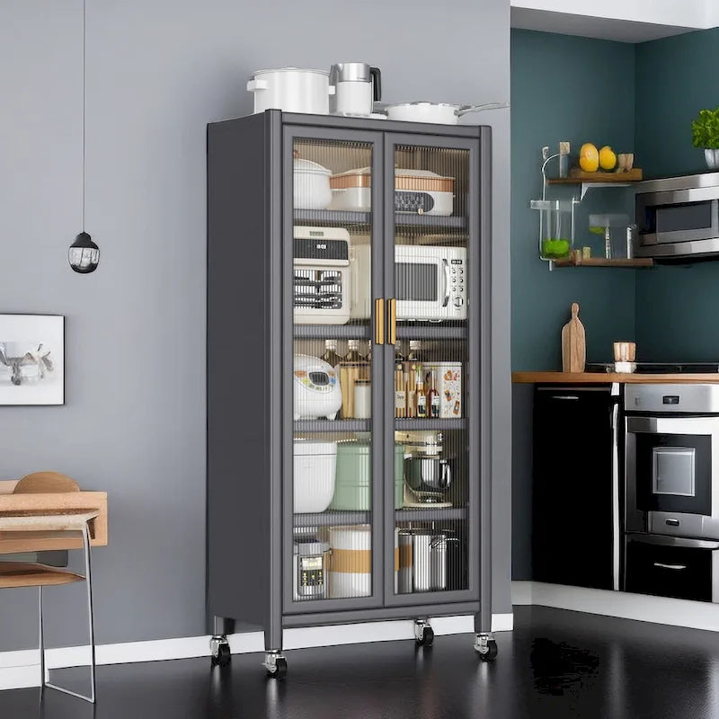 Open-Door Kitchen Shelving Floor-To-Ceiling Multilevel Household Microwave Storage Cabinet Bowls (no include stool)