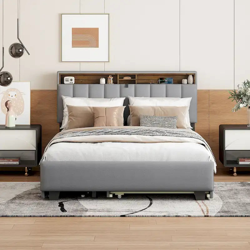 Gepolstertes Plattformbett mit Kopfteil und Stauraum, Rollbett in Twin-XL-Größe und 2 Schubladen