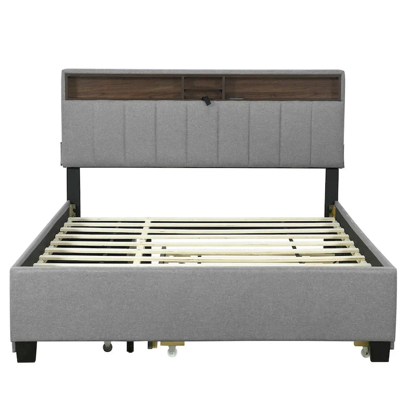 Gepolstertes Plattformbett mit Kopfteil und Stauraum, Rollbett in Twin-XL-Größe und 2 Schubladen