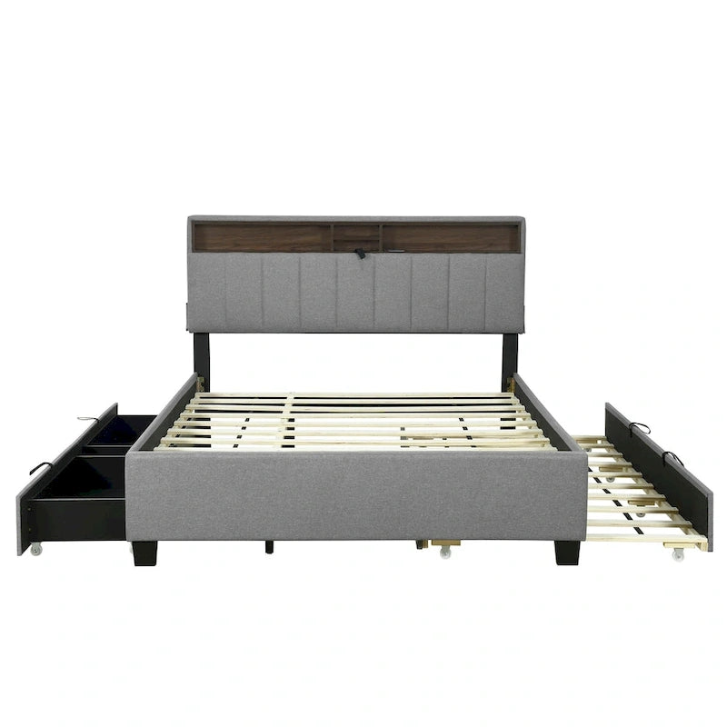 Gepolstertes Plattformbett mit Kopfteil und Stauraum, Rollbett in Twin-XL-Größe und 2 Schubladen