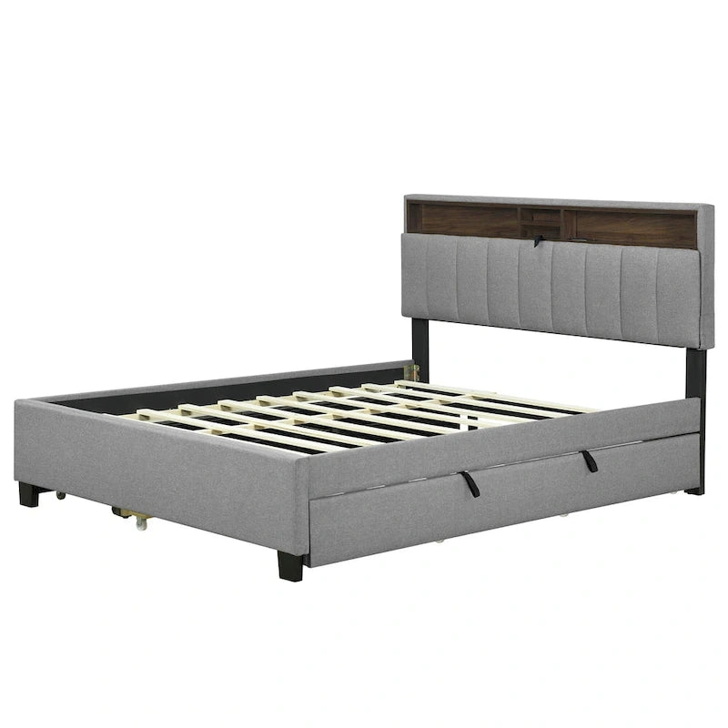Gepolstertes Plattformbett mit Kopfteil und Stauraum, Rollbett in Twin-XL-Größe und 2 Schubladen