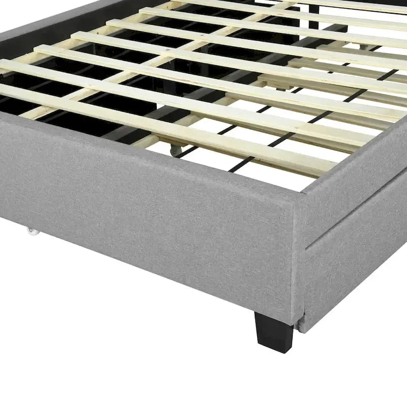 Gepolstertes Plattformbett mit Kopfteil und Stauraum, Rollbett in Twin-XL-Größe und 2 Schubladen