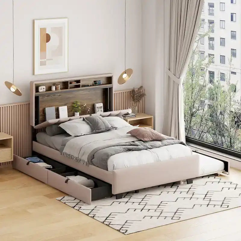 Gepolstertes Plattformbett mit Kopfteil und Stauraum, Rollbett in Twin-XL-Größe und 2 Schubladen