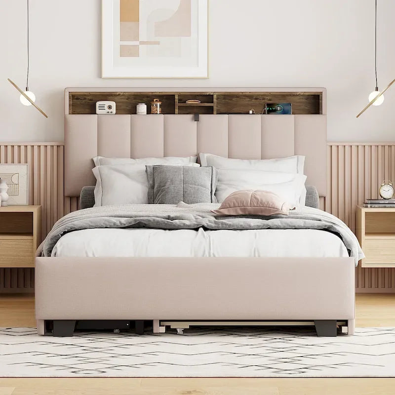 Gepolstertes Plattformbett mit Kopfteil und Stauraum, Rollbett in Twin-XL-Größe und 2 Schubladen