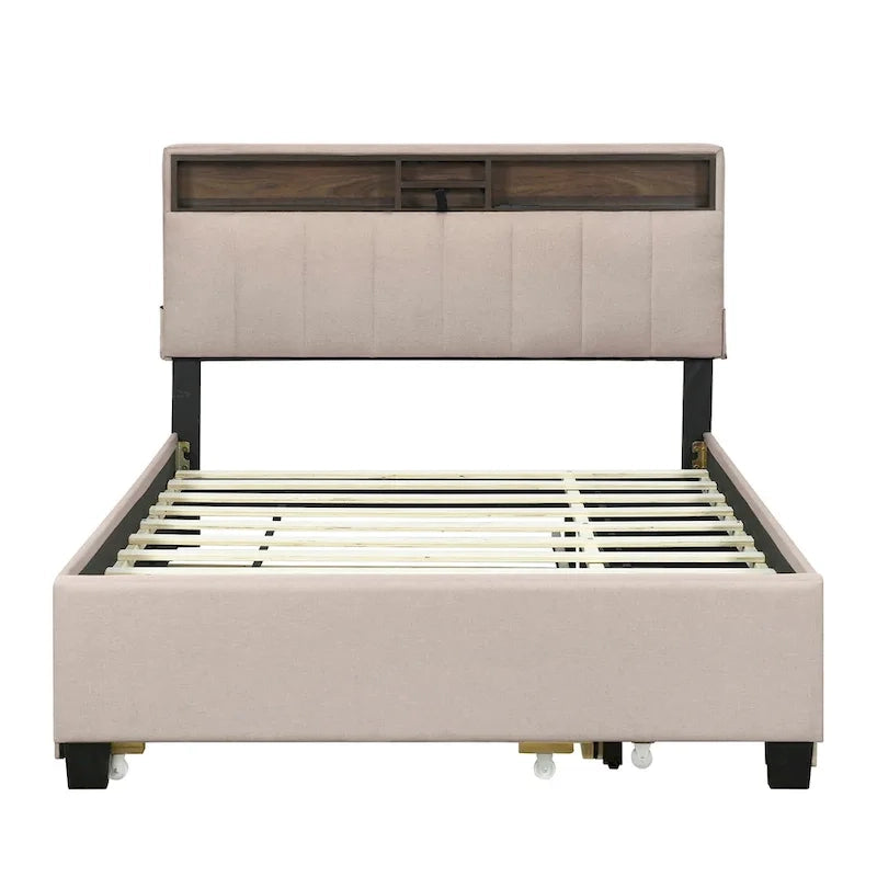 Gepolstertes Plattformbett mit Kopfteil und Stauraum, Rollbett in Twin-XL-Größe und 2 Schubladen