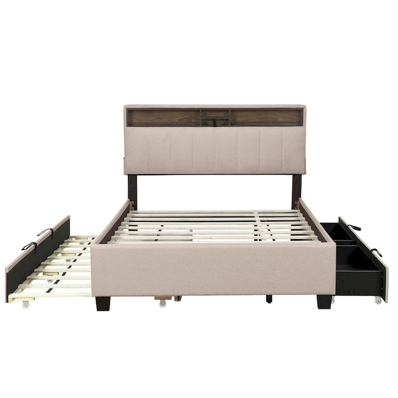 Gepolstertes Plattformbett mit Kopfteil und Stauraum, Rollbett in Twin-XL-Größe und 2 Schubladen