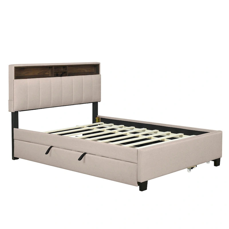 Gepolstertes Plattformbett mit Kopfteil und Stauraum, Rollbett in Twin-XL-Größe und 2 Schubladen
