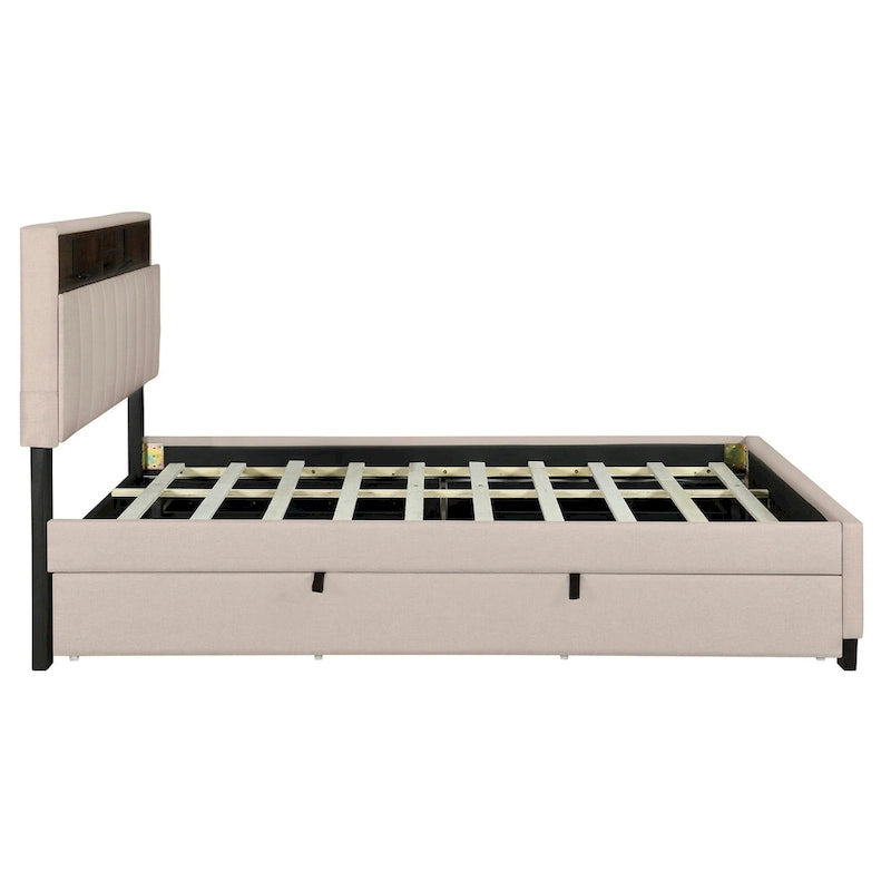 Gepolstertes Plattformbett mit Kopfteil und Stauraum, Rollbett in Twin-XL-Größe und 2 Schubladen