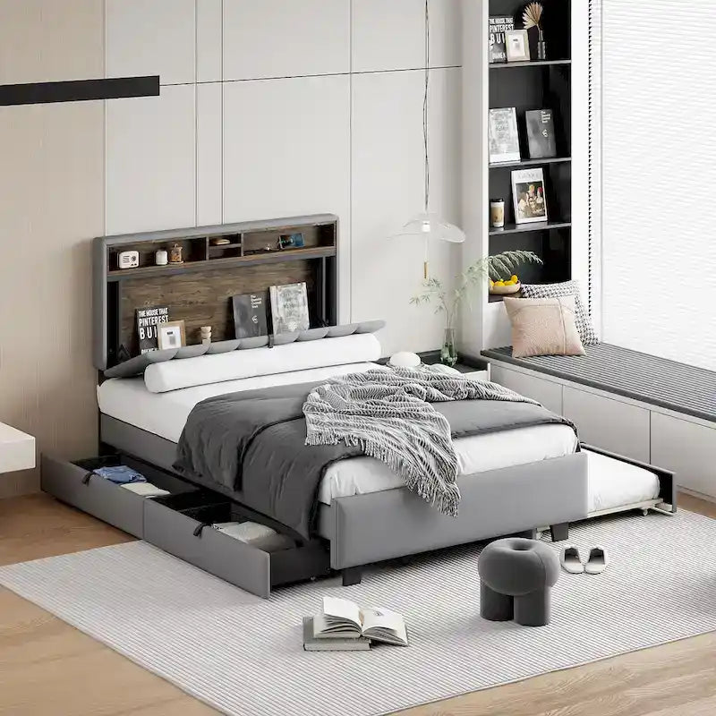Gepolstertes Plattformbett mit Kopfteil und Stauraum, Rollbett in Twin-XL-Größe und 2 Schubladen