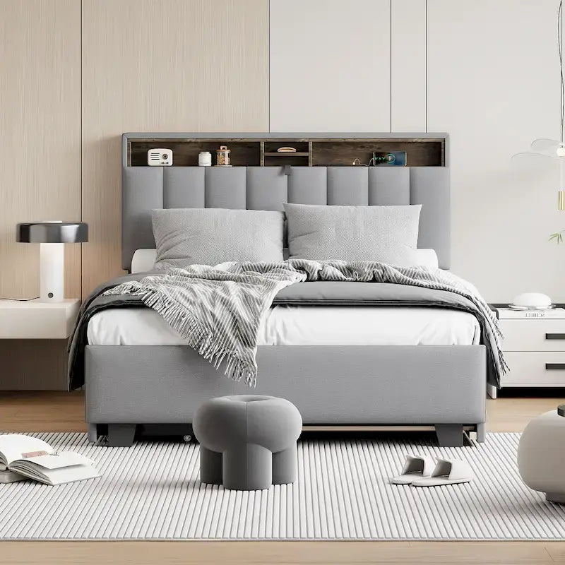 Gepolstertes Plattformbett mit Kopfteil und Stauraum, Rollbett in Twin-XL-Größe und 2 Schubladen