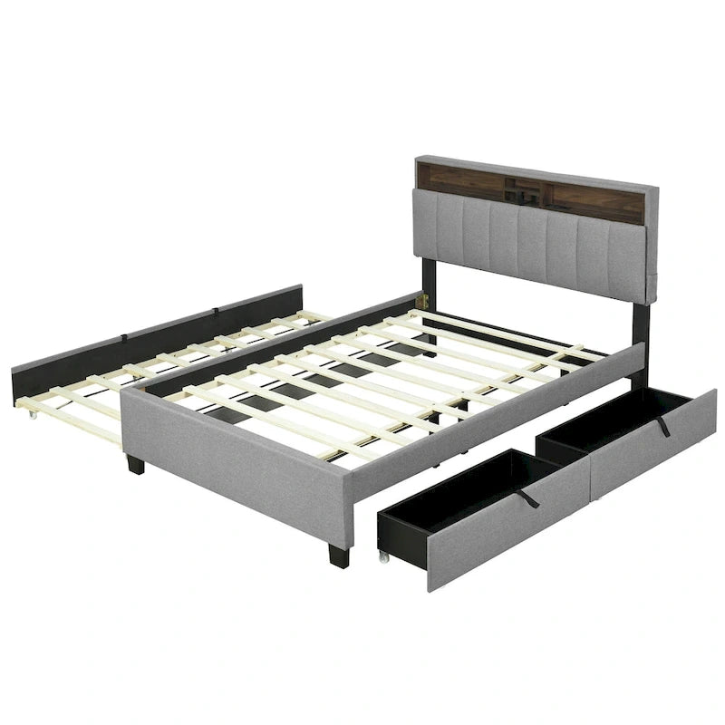 Gepolstertes Plattformbett mit Kopfteil und Stauraum, Rollbett in Twin-XL-Größe und 2 Schubladen