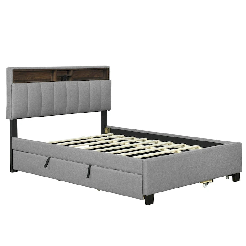 Gepolstertes Plattformbett mit Kopfteil und Stauraum, Rollbett in Twin-XL-Größe und 2 Schubladen