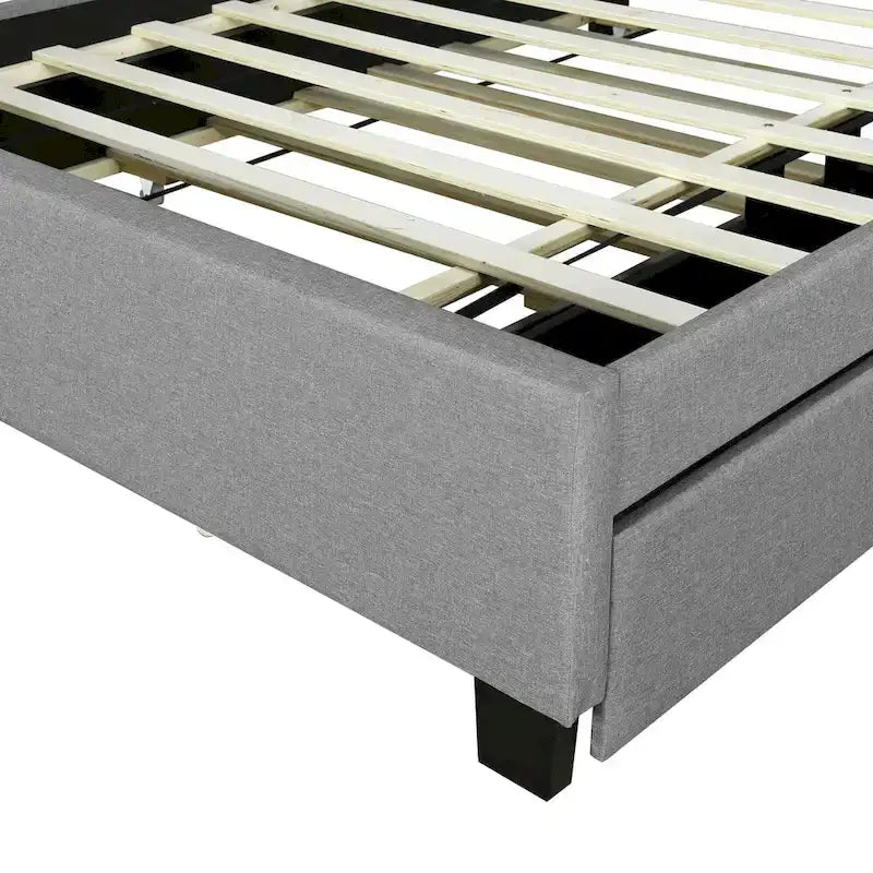 Gepolstertes Plattformbett mit Kopfteil und Stauraum, Rollbett in Twin-XL-Größe und 2 Schubladen