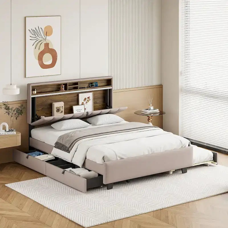 Gepolstertes Plattformbett mit Kopfteil und Stauraum, Rollbett in Twin-XL-Größe und 2 Schubladen