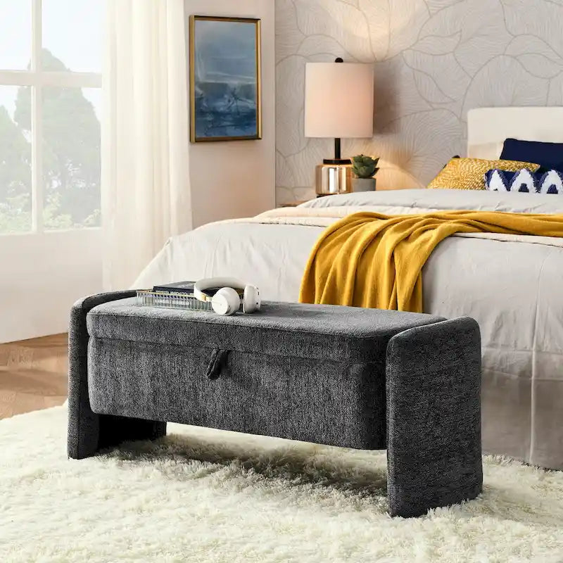 Banc ottoman de rangement ovale rembourré avec plateau relevable et assise matelassée