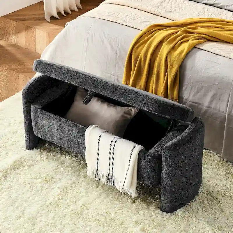 Banc ottoman de rangement ovale rembourré avec plateau relevable et assise matelassée