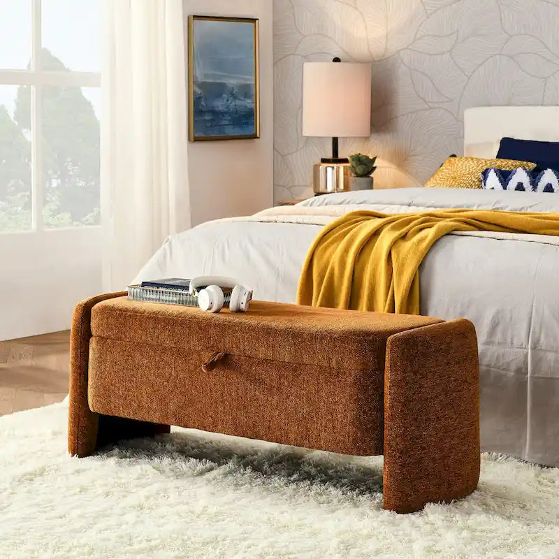 Banc ottoman de rangement ovale rembourré avec plateau relevable et assise matelassée