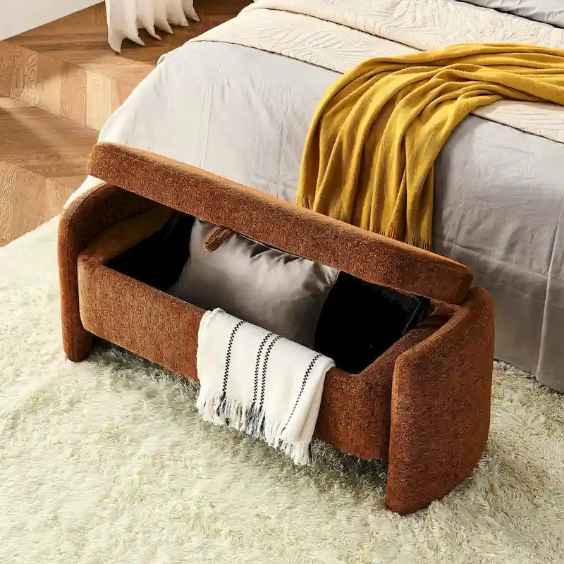Banc ottoman de rangement ovale rembourré avec plateau relevable et assise matelassée