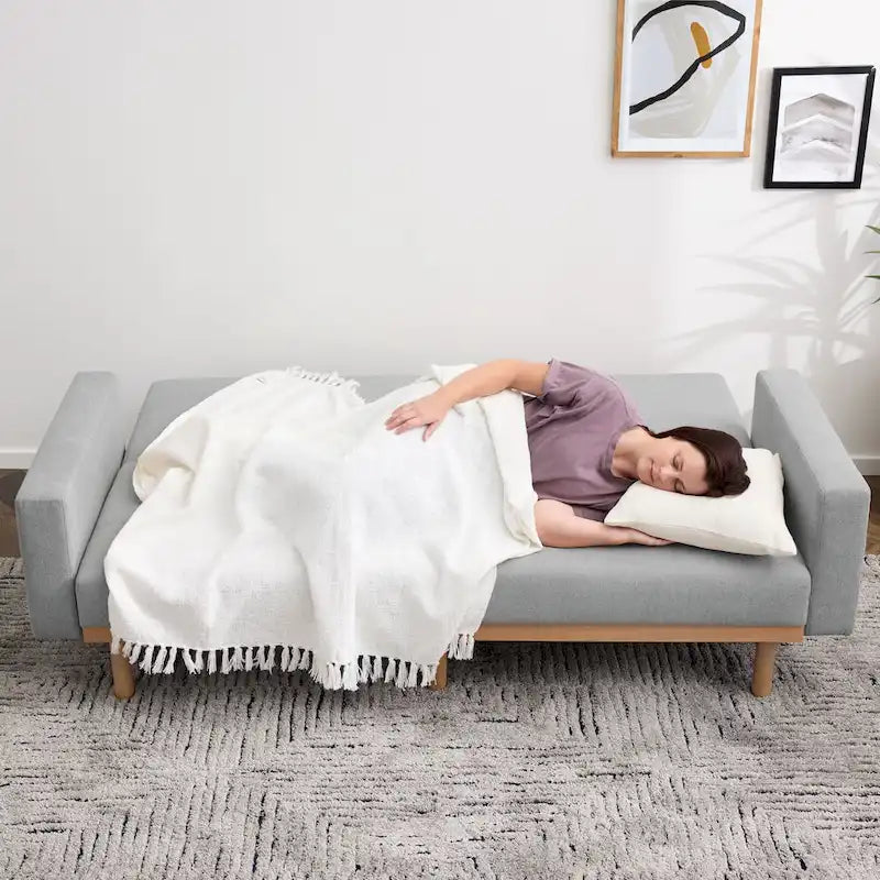 Divano letto futon convertibile con base in legno massello e cuscini in morbida schiuma memory