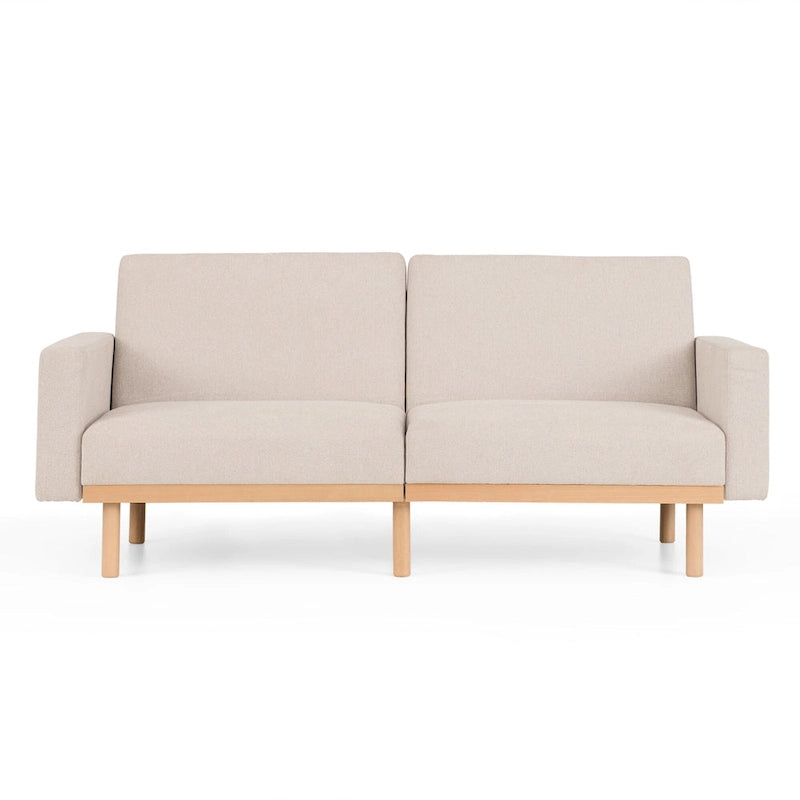 Divano letto futon convertibile con base in legno massello e cuscini in morbida schiuma memory