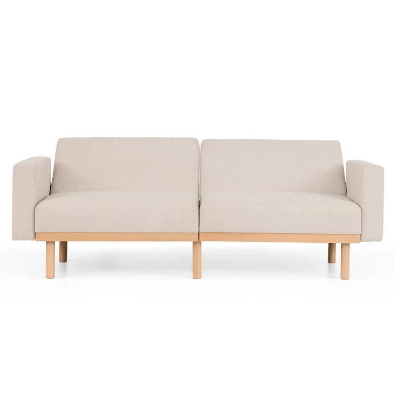Divano letto futon convertibile con base in legno massello e cuscini in morbida schiuma memory