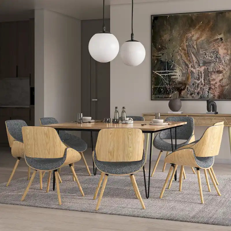 Moderner Esszimmerstuhl aus gebogenem Holz mit hellem Holzdekor und Polyester-Leinenbezug