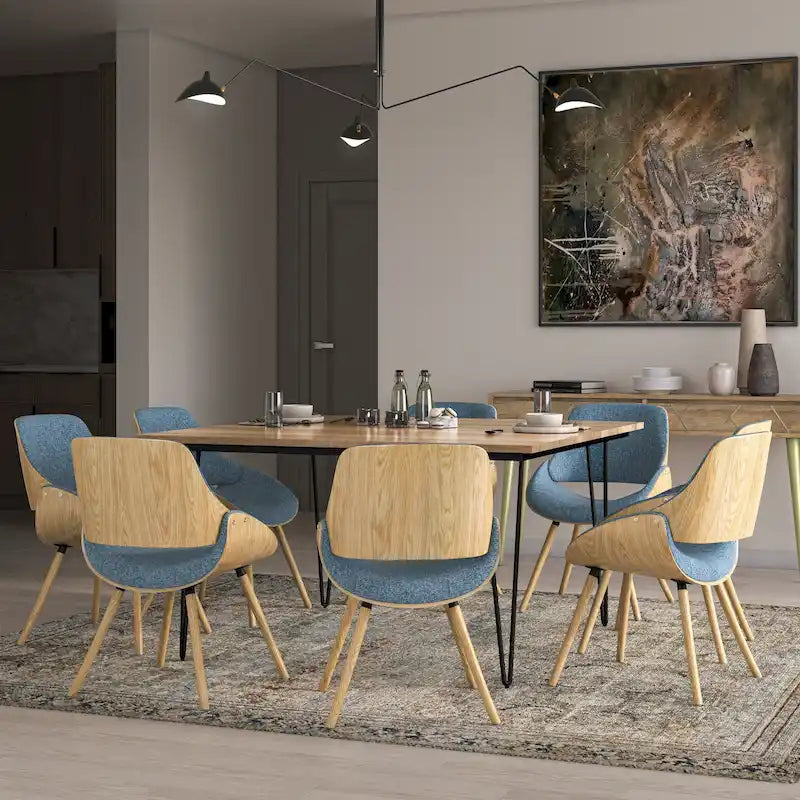 Moderner Esszimmerstuhl aus gebogenem Holz mit hellem Holzdekor und Polyester-Leinenbezug