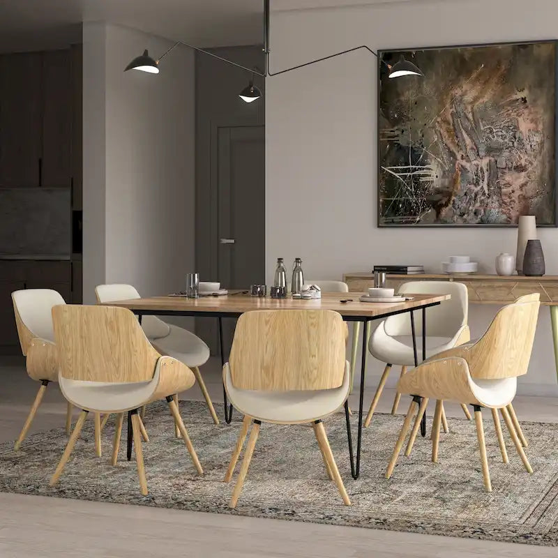 Moderner Esszimmerstuhl aus gebogenem Holz mit hellem Holzdekor und Polyester-Leinenbezug