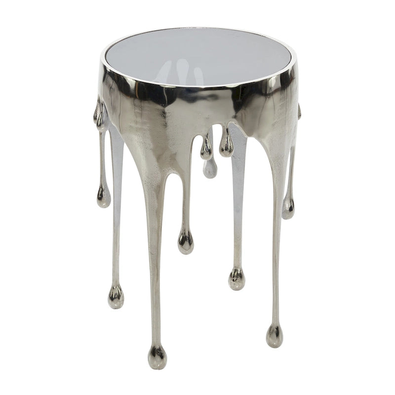 Akzent-Couchtisch oder Konsolentisch aus Aluminium mit tropfenförmigen Beinen im Schmelzdesign und getönter Glasplatte - Roche River Decor