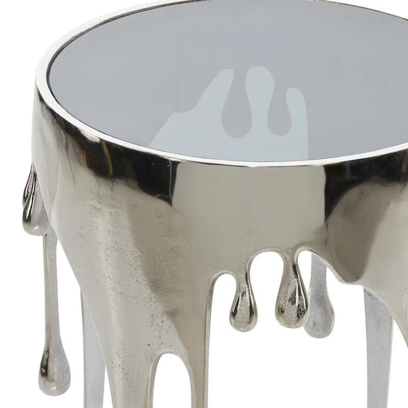 Akzent-Couchtisch oder Konsolentisch aus Aluminium mit tropfenförmigen Beinen im Schmelzdesign und getönter Glasplatte - Roche River Decor