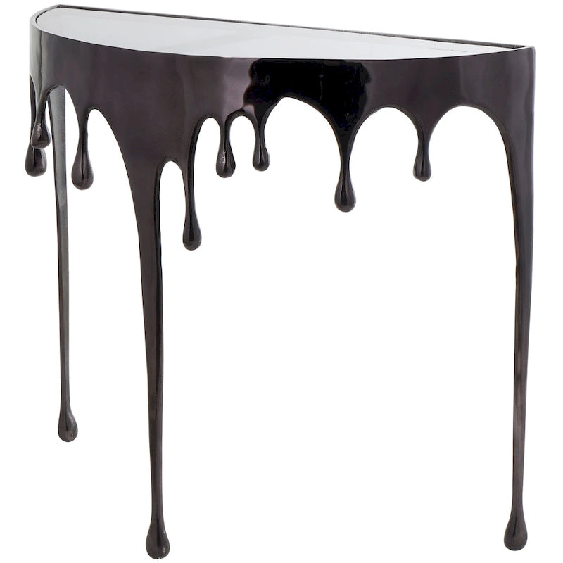 Akzent-Couchtisch oder Konsolentisch aus Aluminium mit tropfenförmigen Beinen im Schmelzdesign und getönter Glasplatte - Roche River Decor