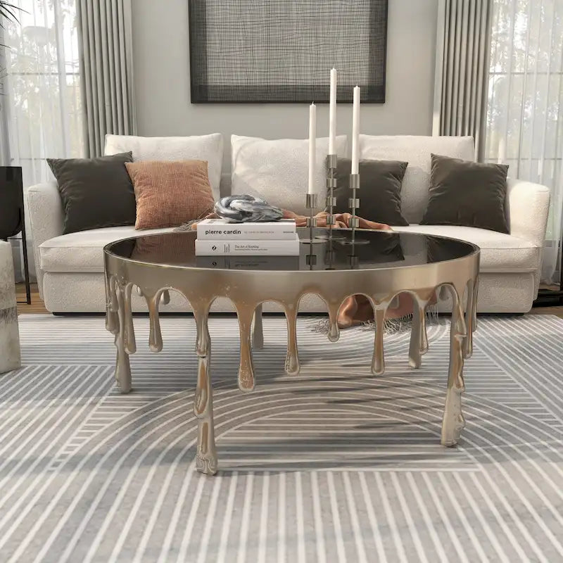 Akzent-Couchtisch oder Konsolentisch aus Aluminium mit tropfenförmigen Beinen im Schmelzdesign und getönter Glasplatte - Roche River Decor