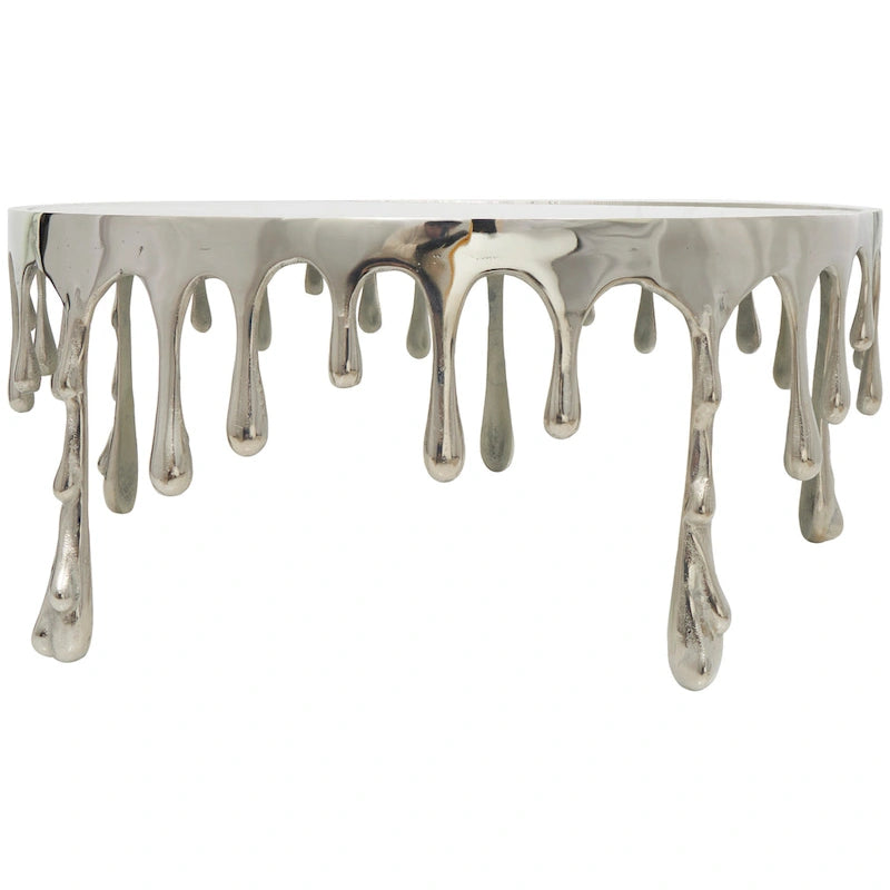 Akzent-Couchtisch oder Konsolentisch aus Aluminium mit tropfenförmigen Beinen im Schmelzdesign und getönter Glasplatte - Roche River Decor