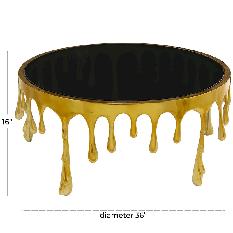 Akzent-Couchtisch oder Konsolentisch aus Aluminium mit tropfenförmigen Beinen im Schmelzdesign und getönter Glasplatte - Roche River Decor