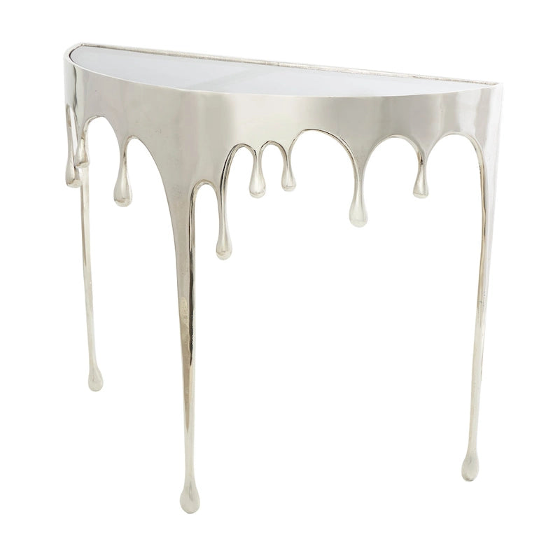 Akzent-Couchtisch oder Konsolentisch aus Aluminium mit tropfenförmigen Beinen im Schmelzdesign und getönter Glasplatte - Roche River Decor