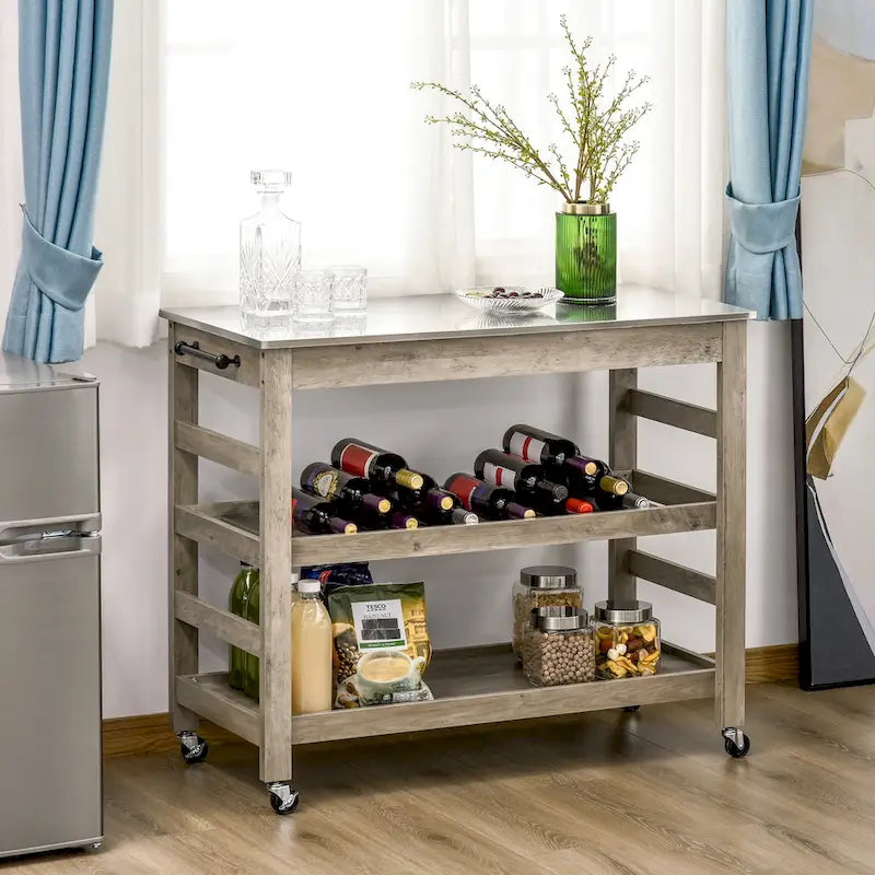 Rollbarer Küchenwagen mit Edelstahlplatte und Weinregal