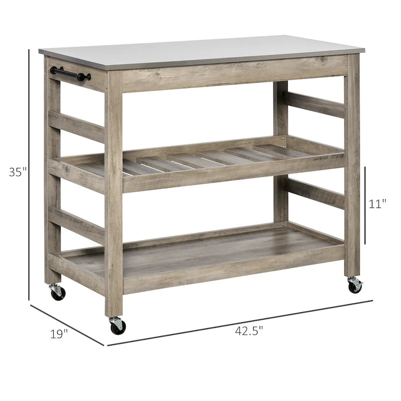 Rolling Kitchen Island Utility Cart with Stainless Steel Top & Wine Rack