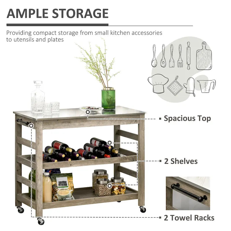 Rolling Kitchen Island Utility Cart with Stainless Steel Top & Wine Rack