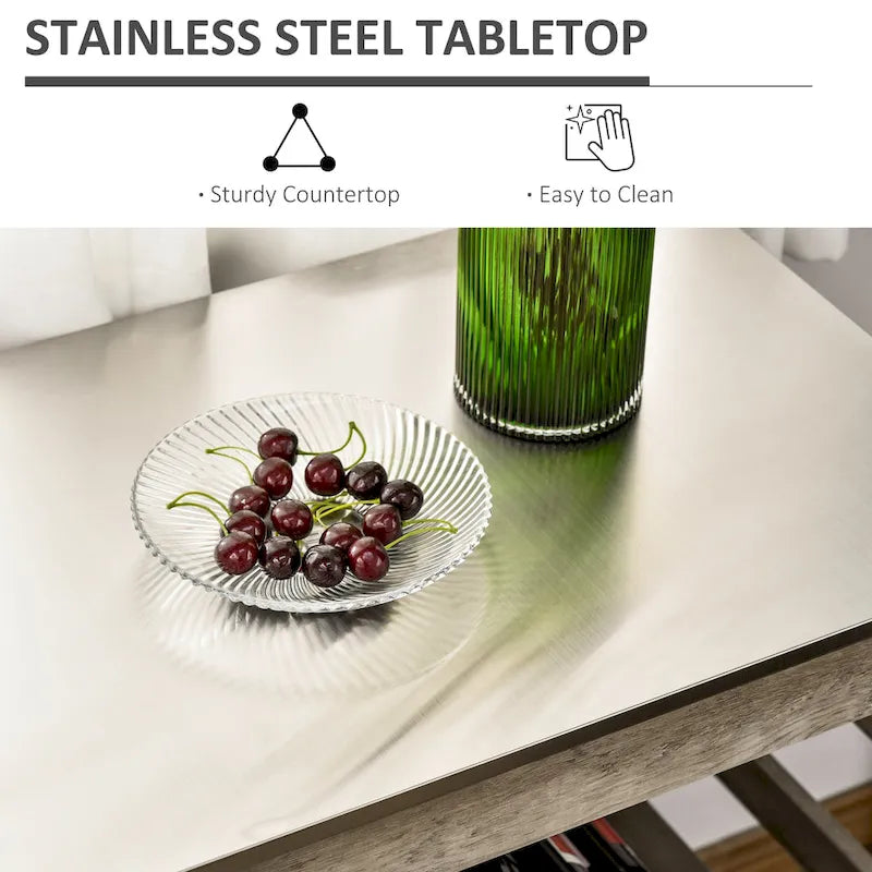 Rolling Kitchen Island Utility Cart with Stainless Steel Top & Wine Rack