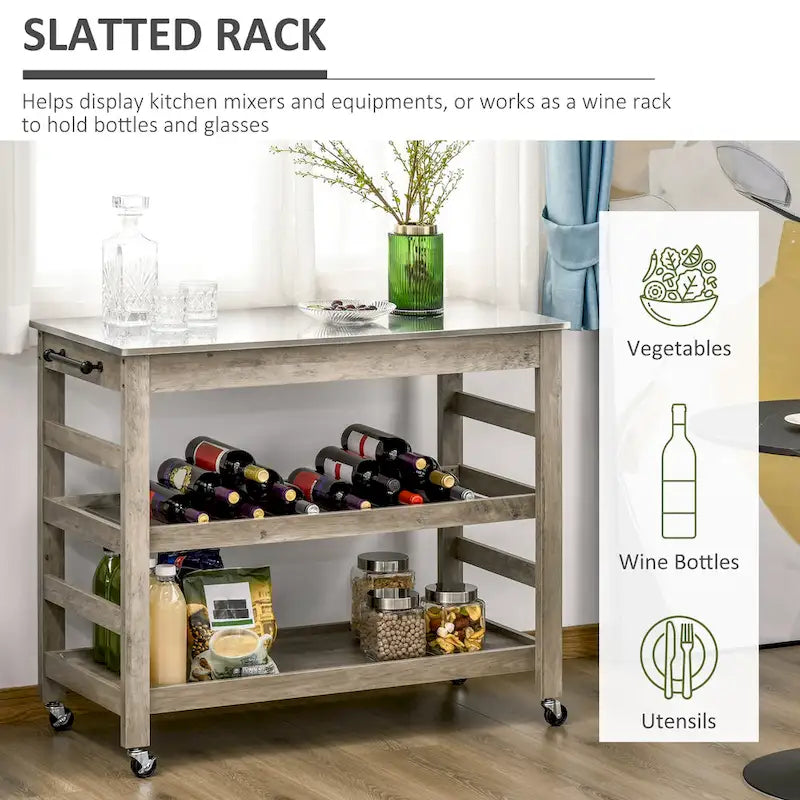 Rolling Kitchen Island Utility Cart with Stainless Steel Top & Wine Rack