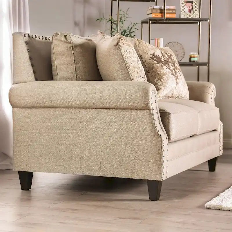 Traditionelles gepolstertes Zweisitzersofa aus massivem Holz in Beige