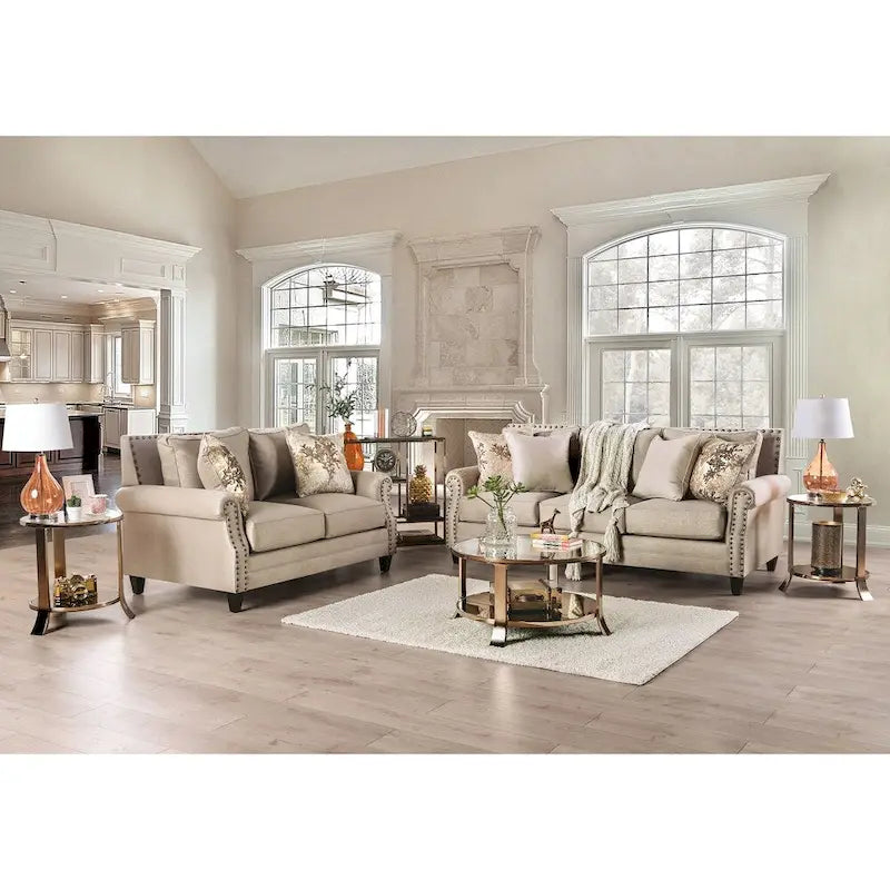 Traditionelles gepolstertes Zweisitzersofa aus massivem Holz in Beige