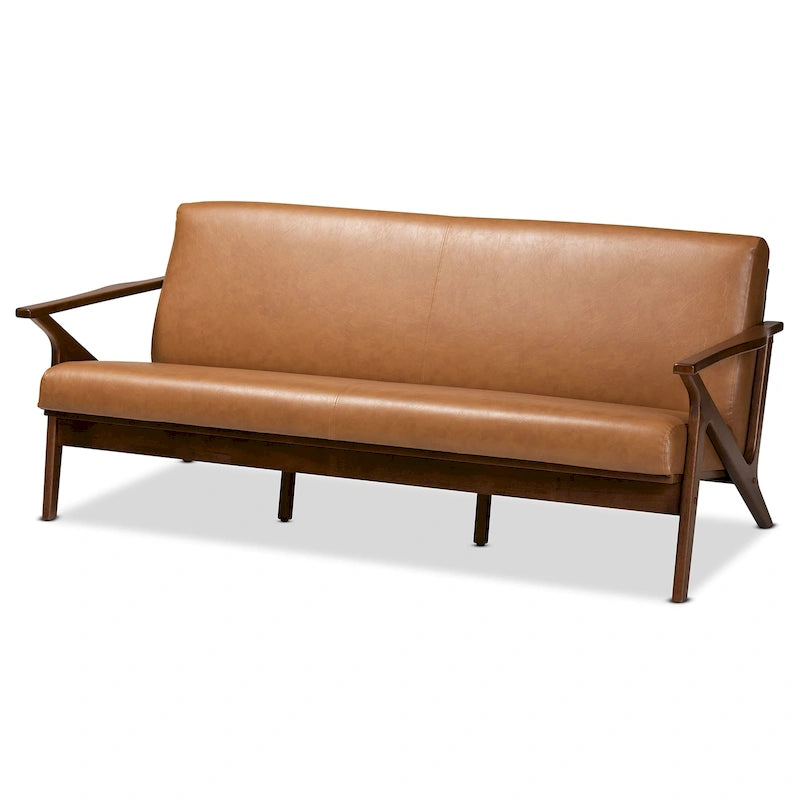 Drewniana sofa do salonu w stylu mid-century modern ze sztucznej skóry