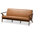 Drewniana sofa do salonu w stylu mid-century modern ze sztucznej skóry