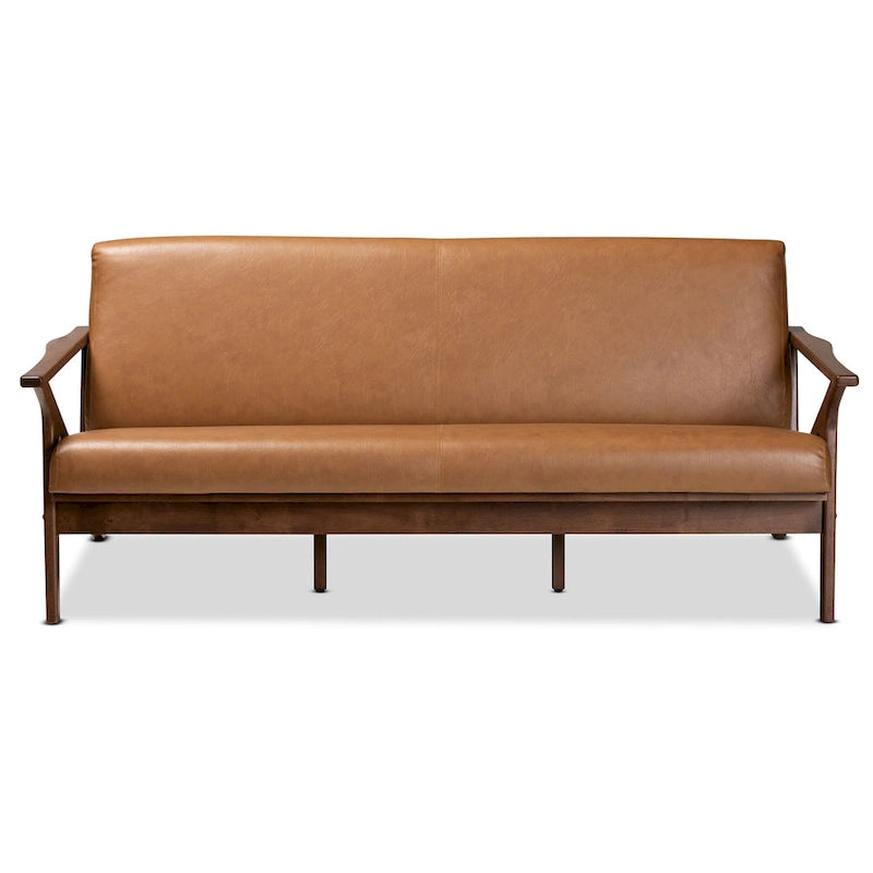 Drewniana sofa do salonu w stylu mid-century modern ze sztucznej skóry