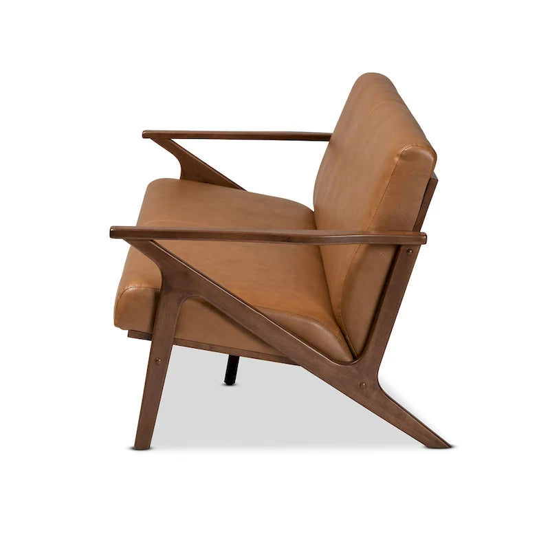 Drewniana sofa do salonu w stylu mid-century modern ze sztucznej skóry