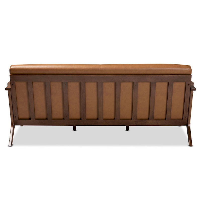 Drewniana sofa do salonu w stylu mid-century modern ze sztucznej skóry