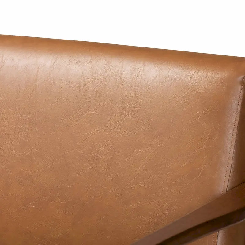 Drewniana sofa do salonu w stylu mid-century modern ze sztucznej skóry