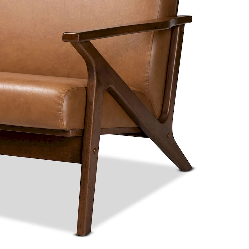 Drewniana sofa do salonu w stylu mid-century modern ze sztucznej skóry