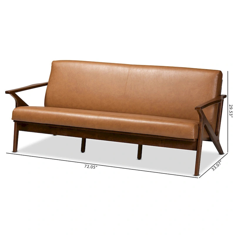 Drewniana sofa do salonu w stylu mid-century modern ze sztucznej skóry
